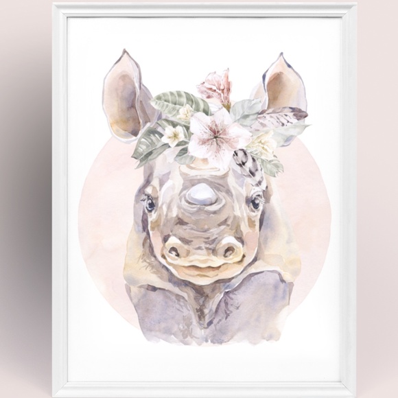 Other - Watercolor Floral Rhino Wall Art Illustration Print Poster Card Unframed